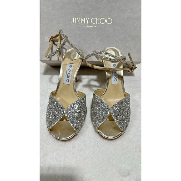 Jimmy Choo Women Sacora 85mm Glitter Sandals in Champagne - Picture 1 of 9